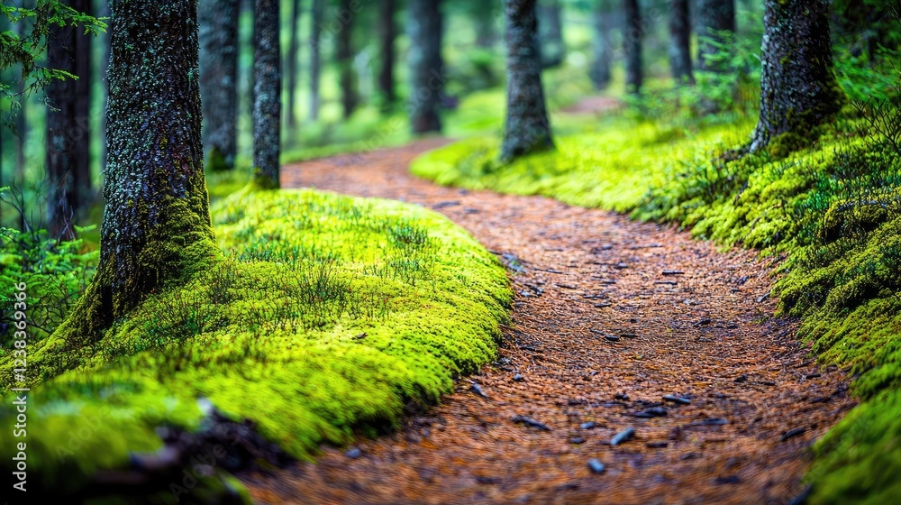 Forest pathway nature concept. Serene forest path lined with lush greenery and vibrant moss under towering trees. Forest pathway nature concept. Serene forest path lined with lush greenery and vibrant moss under towering trees.