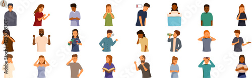 Depression symptoms icons set. People experiencing various negative emotions and symptoms, including depression, anxiety, stress, fatigue, addiction, and physical illness