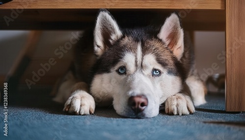 A playful husky rests under a table, showcasing sparkling blue eyes and a soft fur coat. photo