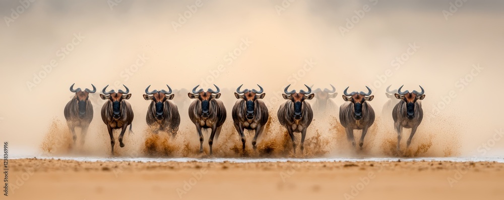Obraz premium A herd of wildebeests also known as gnus crossing a shallow river in the vast African savanna landscape kicking up a cloud of dust as they move in a dynamic stampede across the plains