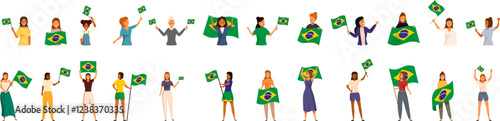 Woman holding brazilian flag icons set. Diverse group of women holding and waving brazilian flags, celebrating national holiday, demonstrating patriotism and national pride