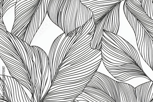 black line art illustration of palm frond seamless background, tropical motif