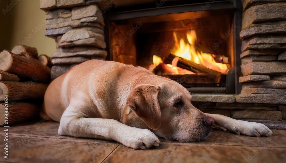 Obraz premium A happy pet lies peacefully on the floor, enjoying the warmth of the crackling fire nearby.