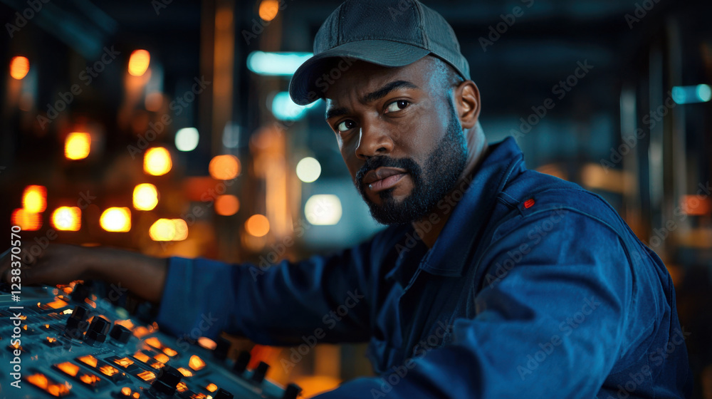 Engineer operating control panel in industrial setting, focused and skilled. atmosphere is dynamic and professional Engineer operating control panel in industrial setting, focused and skilled. atmosphere is dynamic and professional