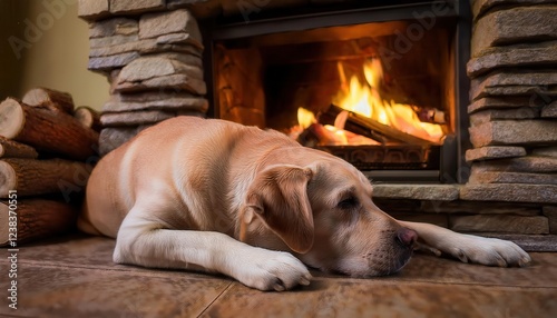 Wallpaper Mural A happy pet lies peacefully on the floor, enjoying the warmth of the crackling fire nearby. Torontodigital.ca