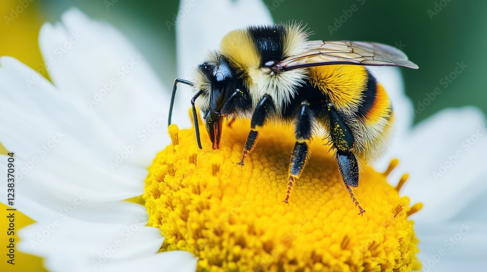 A colorful bee collects pollen from a vibrant yellow flower. Nature showcases its beauty in this close-up shot of a bee. A colorful bee collects pollen from a vibrant yellow flower. Nature showcases its beauty in this close-up shot of a bee.