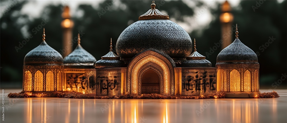 Obraz premium Illuminated Mosque Model Night Photography Ramadan Decor