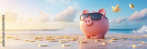 A playful piggy bank enjoys a summer day at the beach, surrounded by joyful children engaged in fun activities, basking in the ocean sunshine and appreciating the scenic coastal view