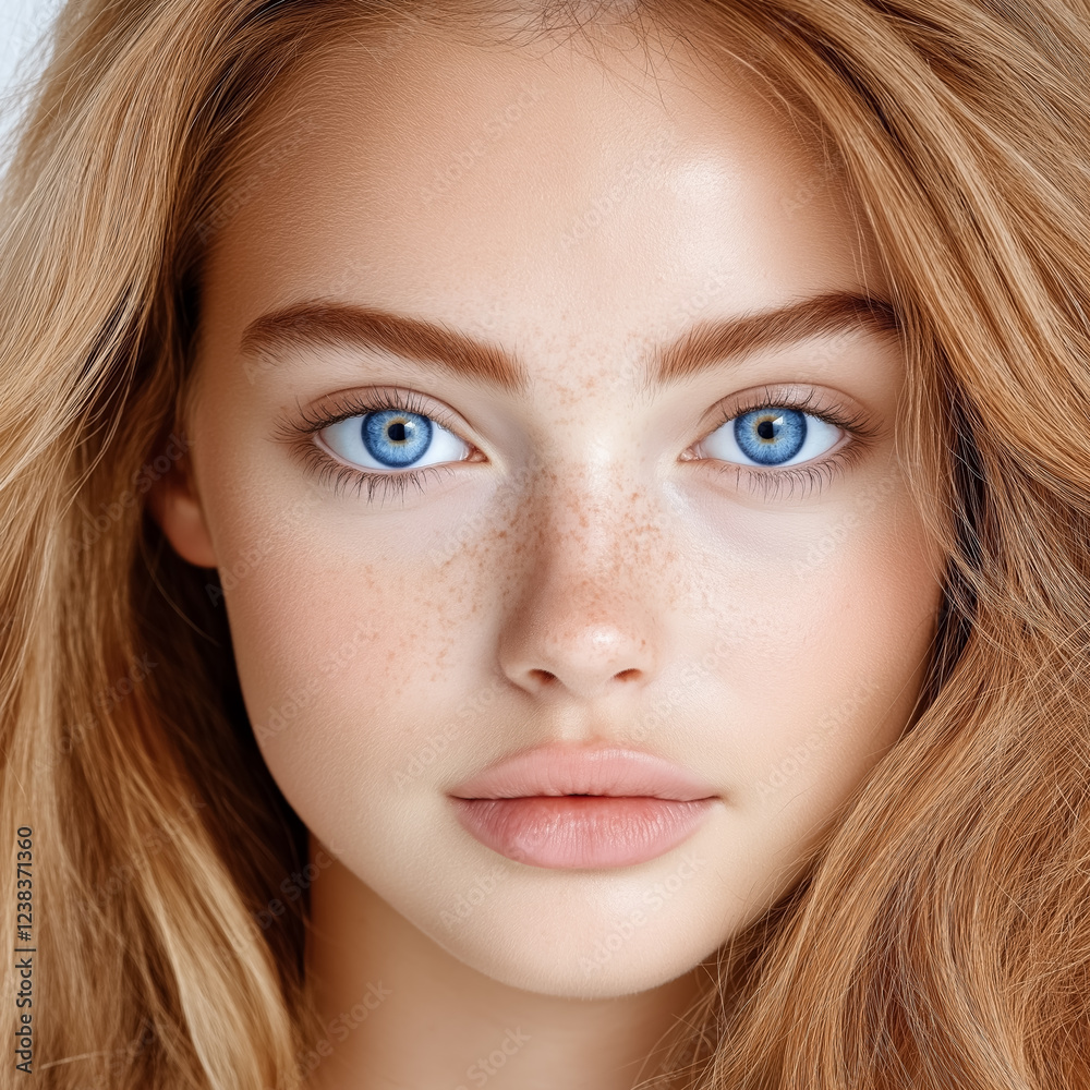 Obraz premium Graceful woman with long hair and enchanting blue eyes showcases natural beauty and glowing skin