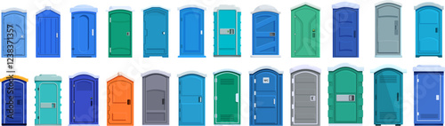 Bio toilet icons set. Collection of colorful portable toilet cabins with snow on top, showcasing variety in design and color for outdoor sanitation needs