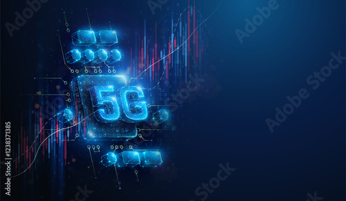 Lowpoly 5G Mobile Network Stock Market Chart. Abstract geometric illustration depicting 5th gen communication technology hardware industry price evaluation concept by wireframe mesh on blue background