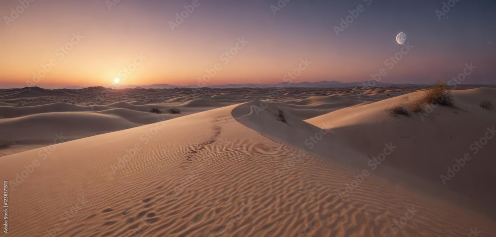 Naklejka premium The moon's gentle light illuminates the sandy dunes as it rises above the horizon at dusk, serene atmosphere , sand dunes