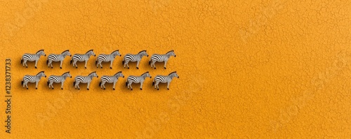 A surreal top down perspective showcasing a herd of zebras arranged in a striking symmetrical pattern against a minimal monochrome background  This digital artwork explores themes of pattern texture photo