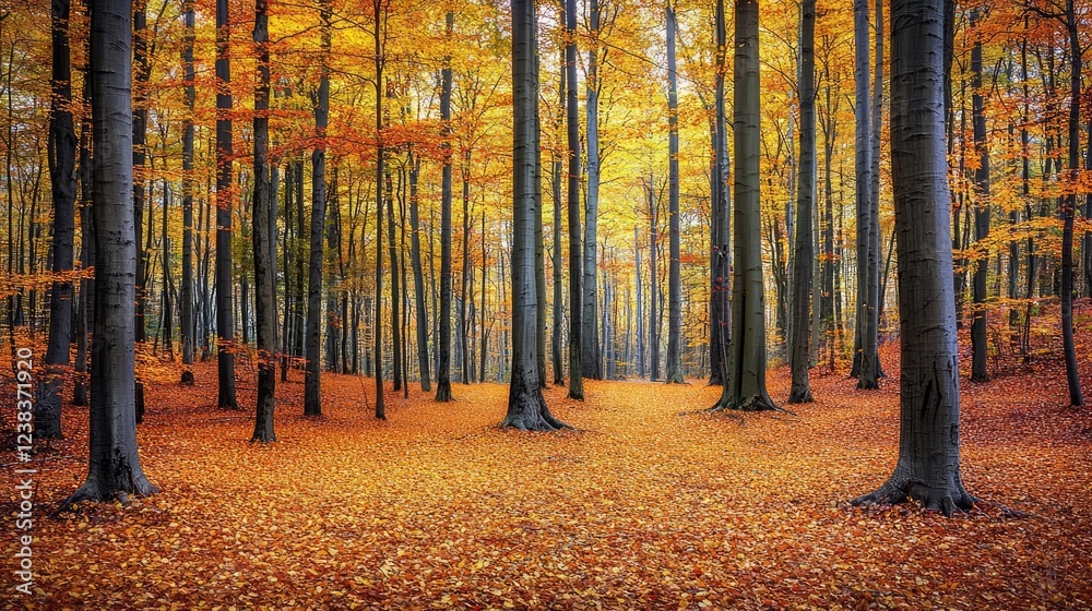 Fototapeta premium Rustic woods nature idea. Vibrant autumn forest with golden leaves and tall trees during a serene fall day.