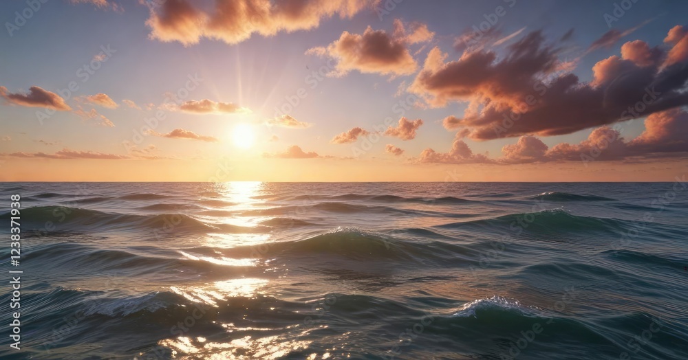 The ocean's surface reflects the vibrant colors of the sky as a radiant sun shines down, peacefulness, water, blue waters The ocean's surface reflects the vibrant colors of the sky as a radiant sun shines down, peacefulness, water, blue waters