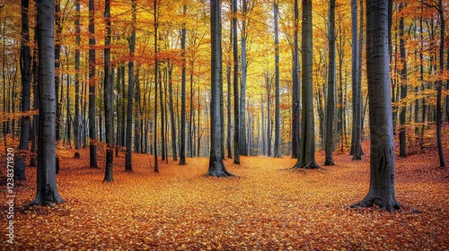 Rustic woods nature idea. Vibrant autumn forest with golden leaves and tall trees during a serene fall day.