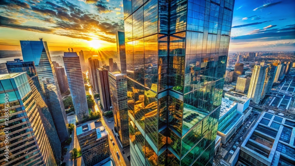 Fototapeta premium Aerial View of Glass Building Reflection, Modern Architecture, Cityscape, Drone Shot