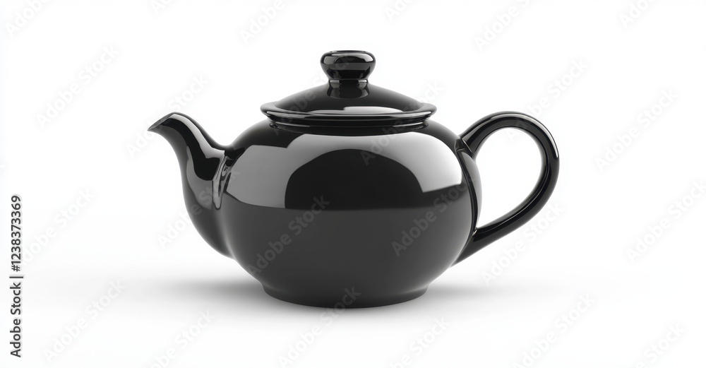 A sleek black ceramic teapot stands elegantly on a white surface. Its smooth curves and spout make it ideal for serving tea, adding sophistication to any gathering or kitchen decor A sleek black ceramic teapot stands elegantly on a white surface. Its smooth curves and spout make it ideal for serving tea, adding sophistication to any gathering or kitchen decor