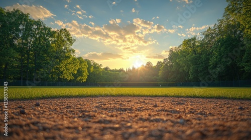 Sunset Over Green Field: A captivating low-angle perspective of a baseball infield, the reddish-brown dirt contrasting beautifully with a vibrant green field.