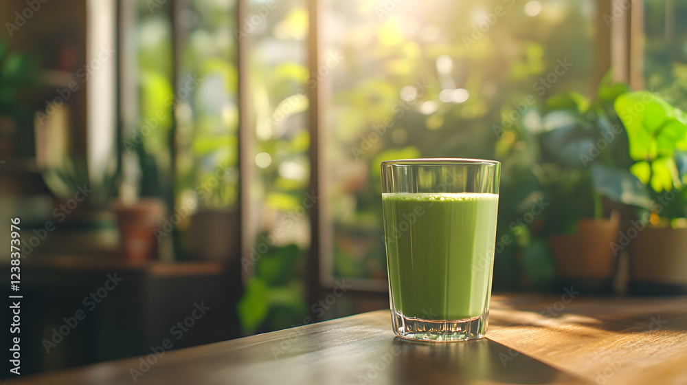 Refreshing green smoothie by a sunny window Refreshing green smoothie by a sunny window