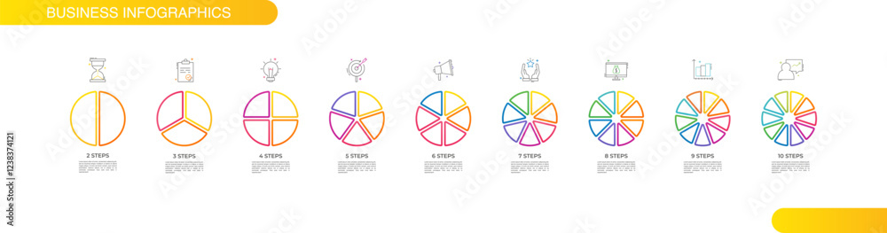 Vector infographic circles set divided radius. Segments of circle with 2 to 10 pieces. Modern colors diagram. Divided line circle sections circle set. for data analysis, web, presentation. Vector infographic circles set divided radius. Segments of circle with 2 to 10 pieces. Modern colors diagram. Divided line circle sections circle set. for data analysis, web, presentation.