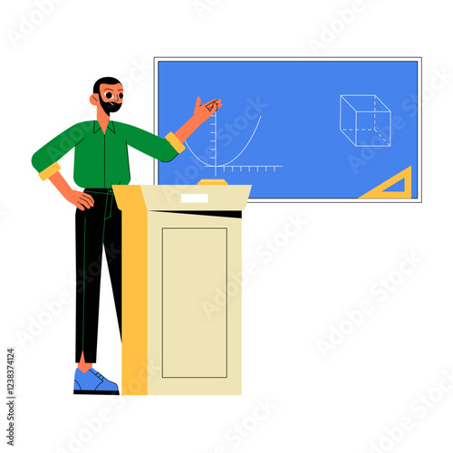 Male Teacher Giving Math Lecture In Flat Vector Illustration Symbolizing Education, Learning, And Academic Instruction, Isolated On White Background.