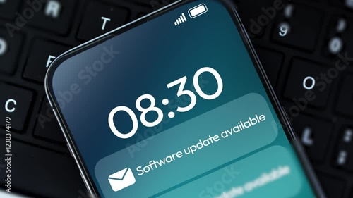 Software update available notification appearing on the smartphone screen, 4k footage with laptop in the backdrop. System update, software