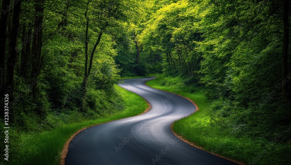 Winding Road Through Lush Green Forest Winding Road Through Lush Green Forest