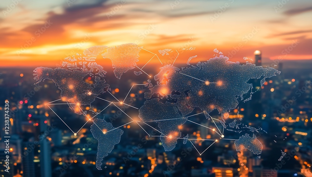 Obraz premium Global Connectivity World Map Overlayed on a Cityscape at Sunset