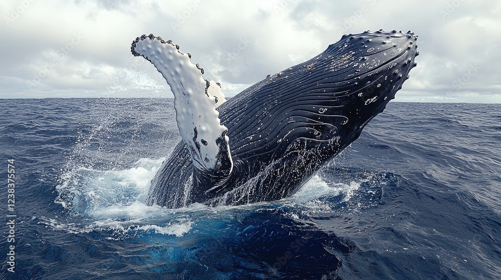Naklejka premium Humpback Whale Breaching Ocean Surface Water