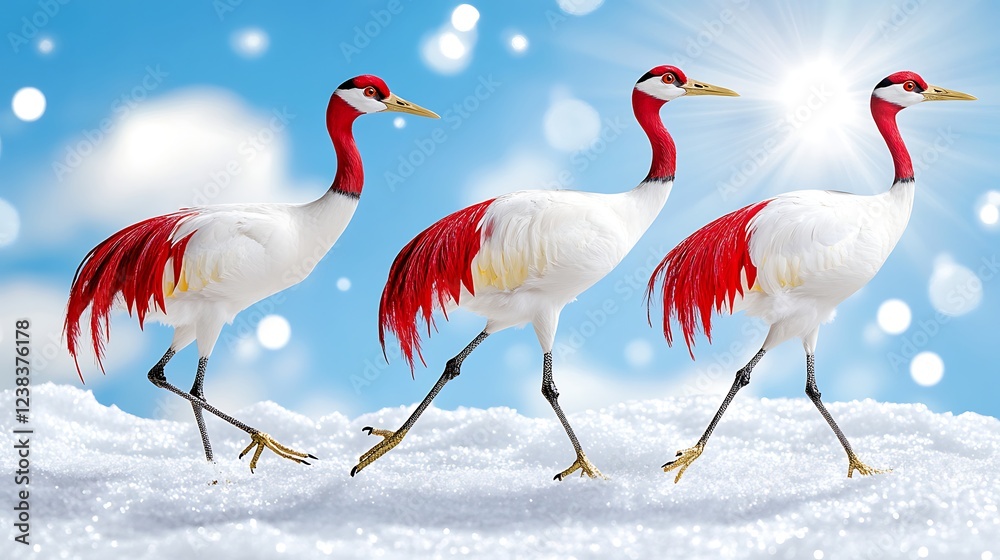 Fototapeta premium Three Red crowned Cranes Walking on Snow Winter Birds Wildlife Scene