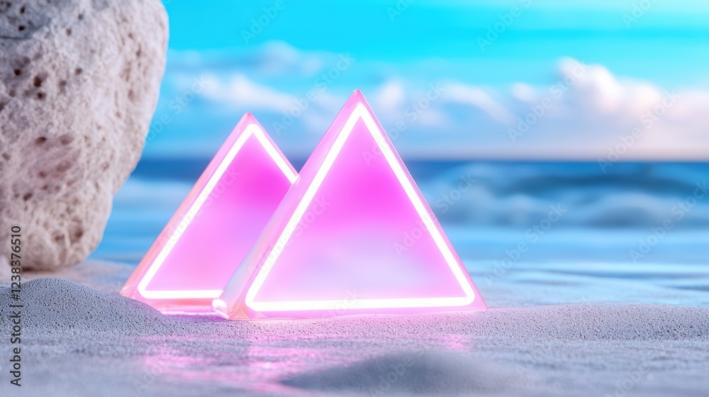 Neon triangles on sandy beach near water. Neon triangles on sandy beach near water.