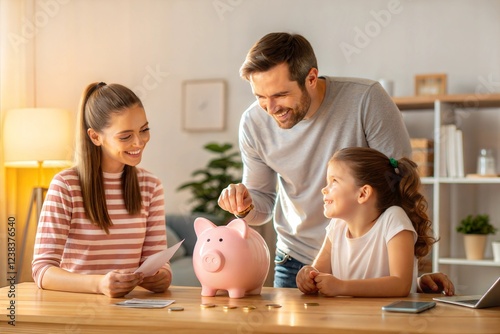 Family in the living room with their daughters teaching how to save in a pig-shaped piggy bank