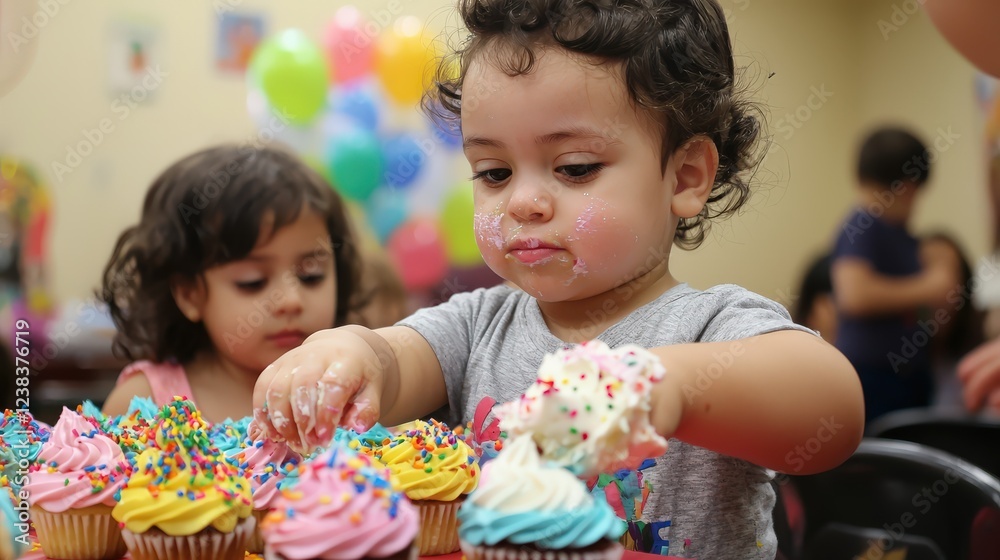 Fototapeta premium A child carefully decorating cupcakes with colorful frosting and sprinkles, while another child watches eagerly. The moment is filled with creativity and sweetness.
