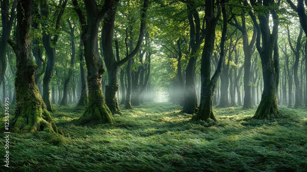 Obraz premium Rustic woods nature idea. Serene forest landscape with lush greenery and soft morning light filtering through trees.