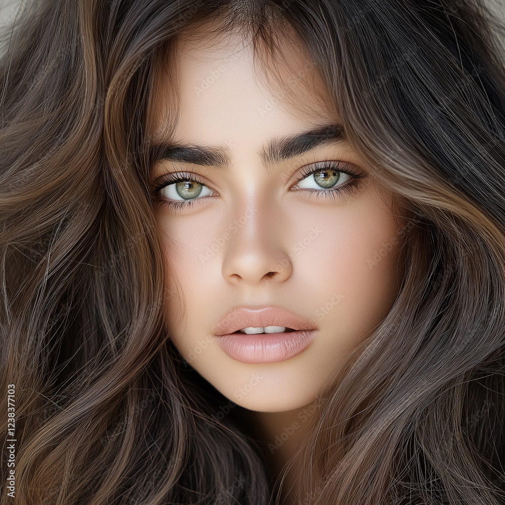 Close-up of a beautiful woman with silky hair and glowing skin perfect for skincare campaigns Close-up of a beautiful woman with silky hair and glowing skin perfect for skincare campaigns
