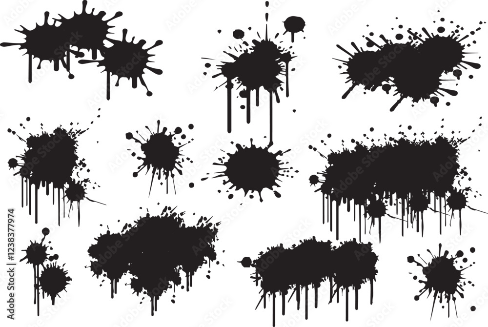 Stains graffiti with spray effect, template, mockup. Silhouette black paint with drips, splatter, drips. Street art stencil. Graffiti graphic box, spray silhouette grunge. Dirty textured. Vector Stains graffiti with spray effect, template, mockup. Silhouette black paint with drips, splatter, drips. Street art stencil. Graffiti graphic box, spray silhouette grunge. Dirty textured. Vector