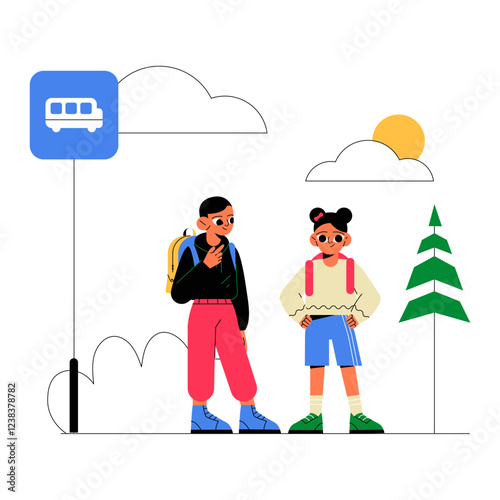 Students Waiting At Bus Stop In Flat Vector Illustration Symbolizing School Commute, Education, And Student Life, Isolated On White Background