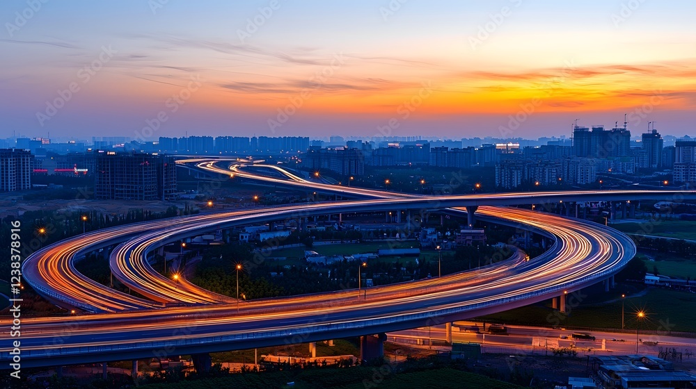 A glowing futuristic highway with motion tracked light streaks in vivid orange and blue dynamically emphasizing high tech development for a modern innovative transportation concept A glowing futuristic highway with motion tracked light streaks in vivid orange and blue dynamically emphasizing high tech development for a modern innovative transportation concept