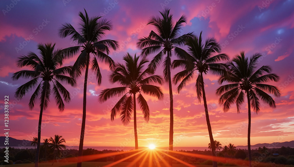 Obraz premium Silhouetted palm trees against vibrant sunset sky, tropical serenity