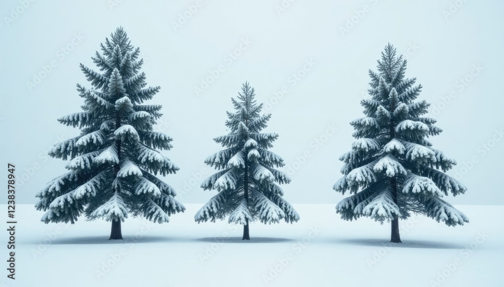 Obraz premium Three tall trees in a white snowy landscape with frosty atmosphere and icy mist, mist, evergreen, peaceful