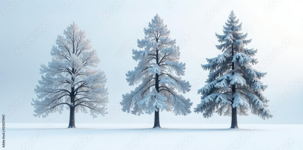 custom made wallpaper toronto digitalThree tall trees in white snowy background with frosty atmosphere and bare branches, snow-covered, peaceful, evergreen