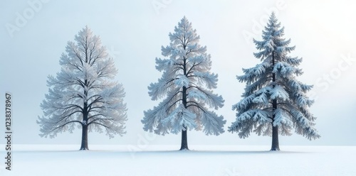 Wallpaper Mural Three tall trees in white snowy background with frosty atmosphere and bare branches, snow-covered, peaceful, evergreen Torontodigital.ca