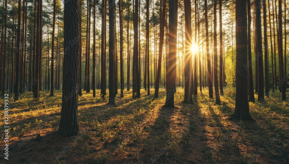 Fototapeta premium Golden Hour in the Pine Forest: A Serene Sunset Landscape
