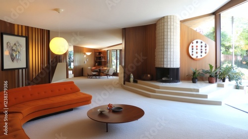 Mid-Century Modern Living Room with Orange Sectional Sofa and Fireplace
