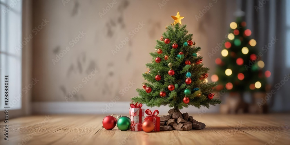 Tiny Christmas tree with green and red decorations, tree, ornaments, red Tiny Christmas tree with green and red decorations, tree, ornaments, red