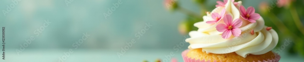 Tiny delicate pink flowers adorning a white cupcake with fresh greenery, flowers, greenery Tiny delicate pink flowers adorning a white cupcake with fresh greenery, flowers, greenery