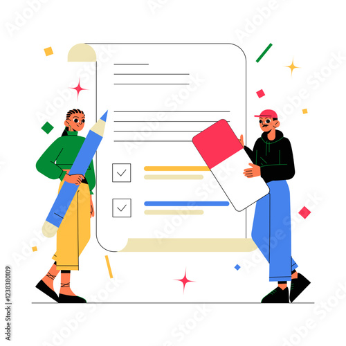 Students Completing Checklist In Flat Vector Illustration Symbolizing Exam Preparation, Academic Planning, And Task Management, Isolated On White Background