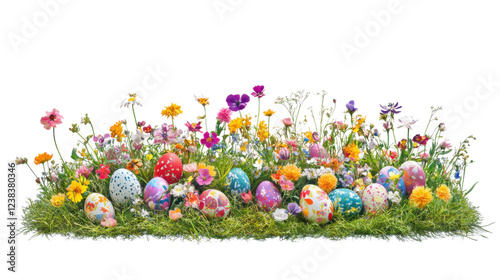 Colorful easter eggs hiding in a field of wildflowers on transparent background