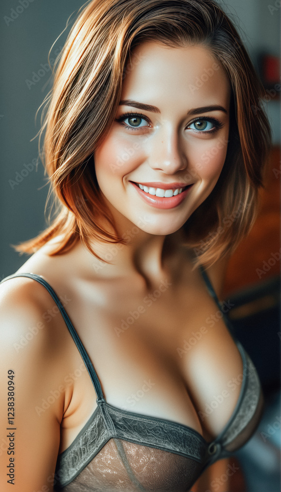 Fototapeta premium Beautiful woman in delicate gray lace lingerie, standing confidently in natural light with a joyful expression.